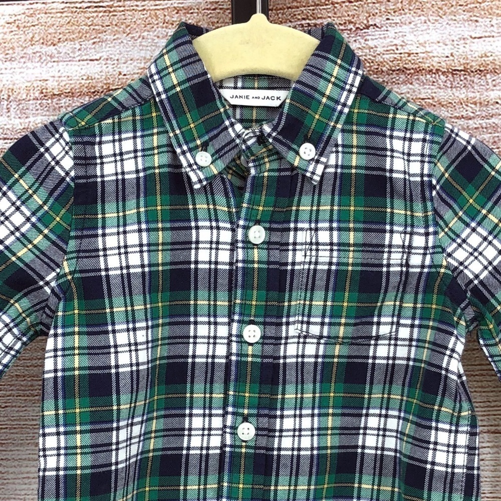 Janie and Jack Green and Blue Plaid Long Sleeve Button Down Shirt Size 6-12 M - Picture 9 of 10